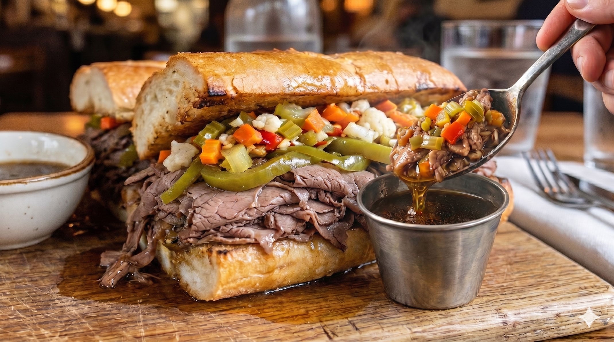 Bari Italian beef sandwich piled with hot giardiniera, gravy being spooned over the top