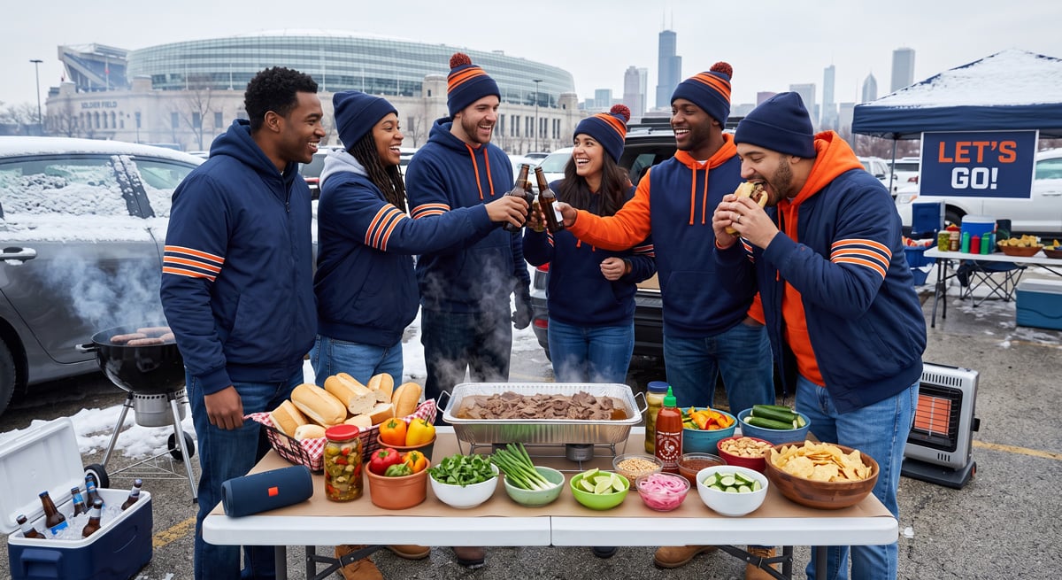 Chicago fans eating Italian beef sandwiches during a football game