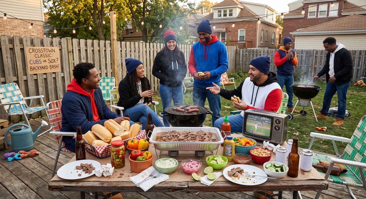Chicago family eating Italian beef sandwiches in the backyard during a day game