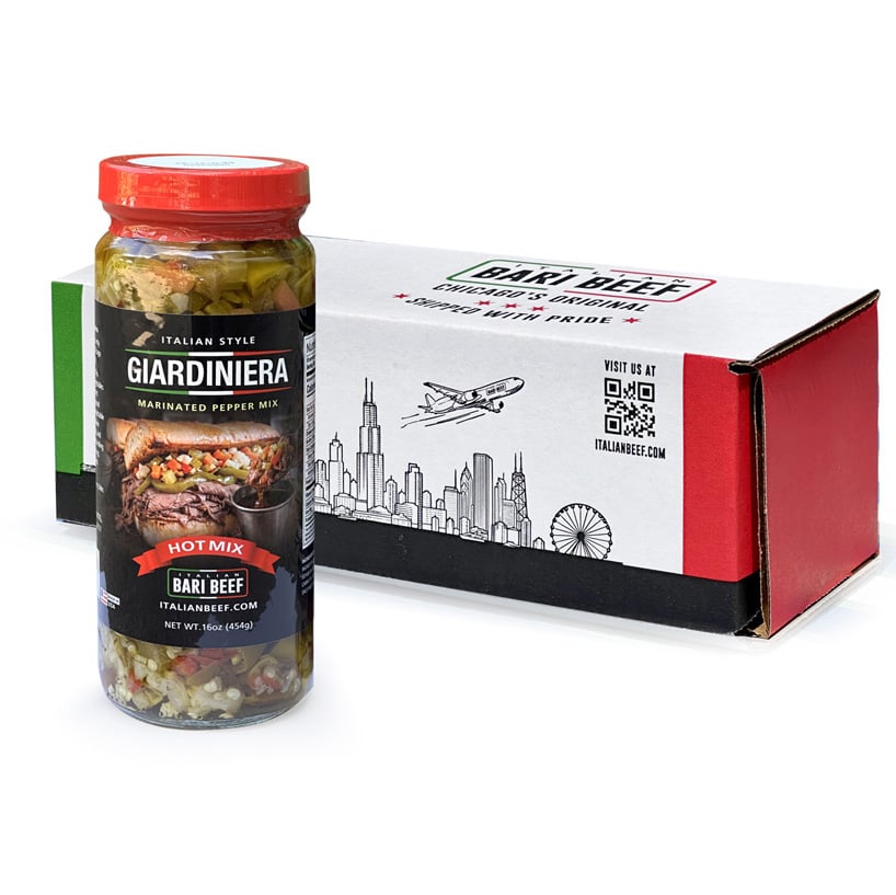 Bari Beef Hot Giardiniera gift box with jar and Chicago-themed packaging