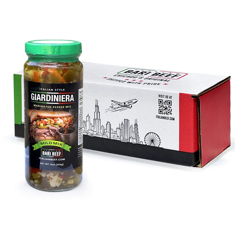 Bari Beef Mild Giardiniera gift box with jar and Chicago-themed packaging