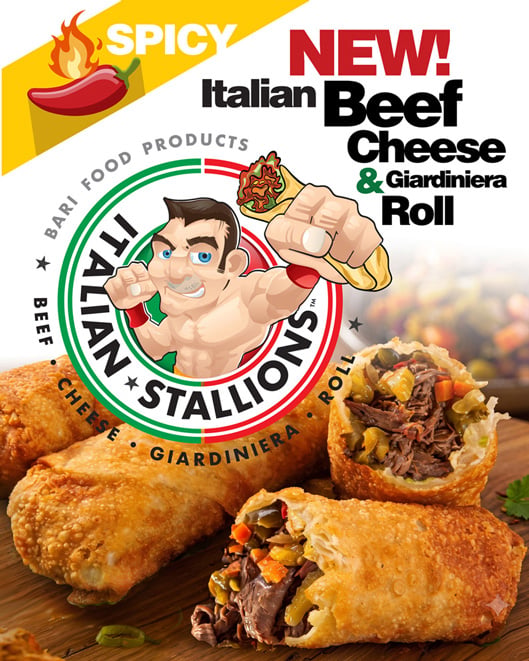 Italian Stallions promotional poster: spicy Italian beef, cheese, and giardiniera roll, 16 by 20 inches