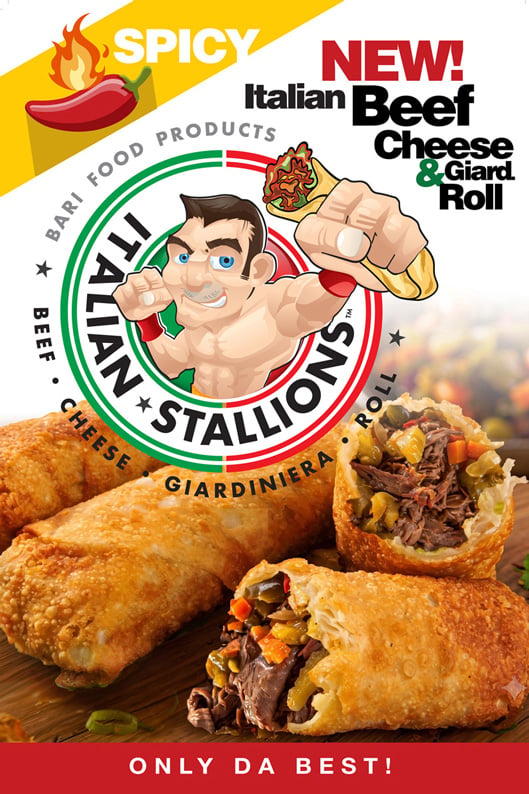 Italian Stallions promotional poster: spicy Italian beef, cheese, and giardiniera roll, 24 by 36 inches