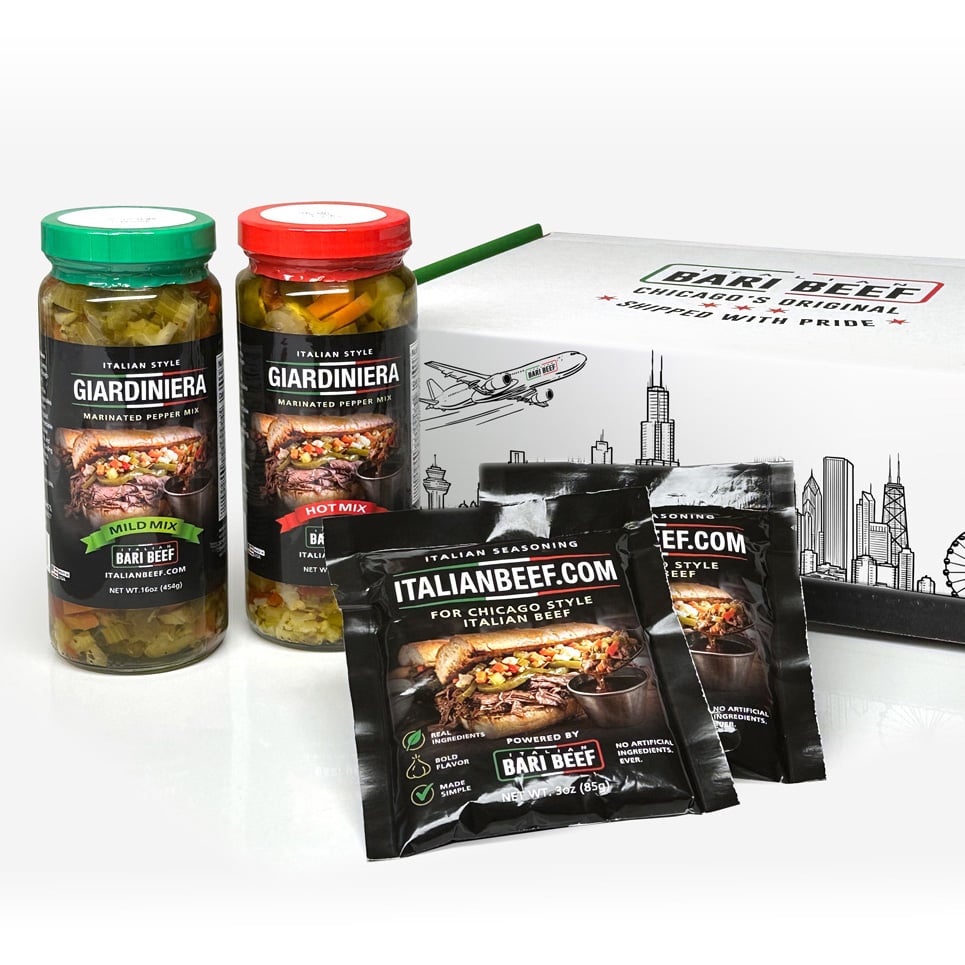 Bari Beef Mix and Match Gift Box with Mild and Hot Giardiniera, spice packs, and Chicago-themed packaging
