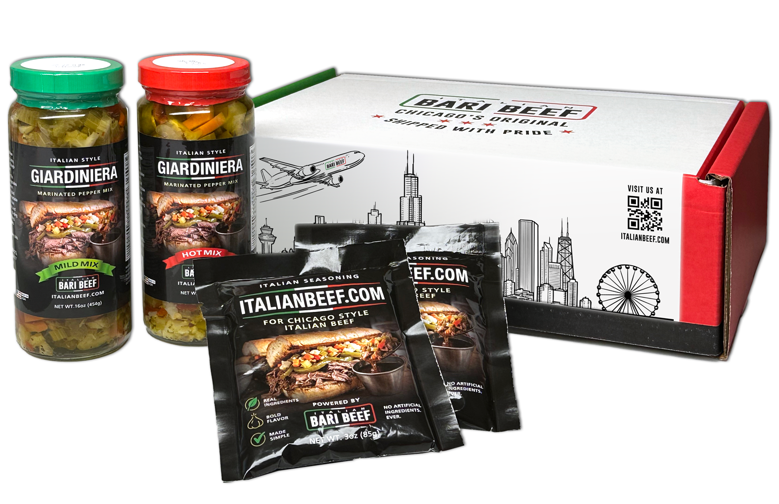 Bari Beef Mix and Match Gift Box with Mild and Hot Giardiniera, spice packs, and Chicago-themed packaging