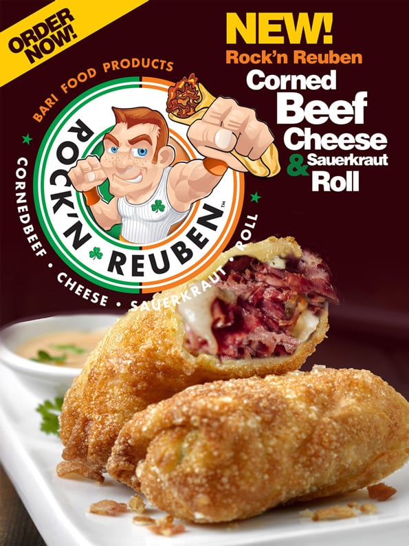 Rock'n Reuben promotional poster: corned beef, cheese, and sauerkraut roll, 18 by 24 inches