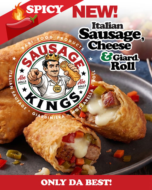 Sausage Kings promotional poster: spicy Italian sausage, cheese, and giardiniera roll, 16 by 20 inches