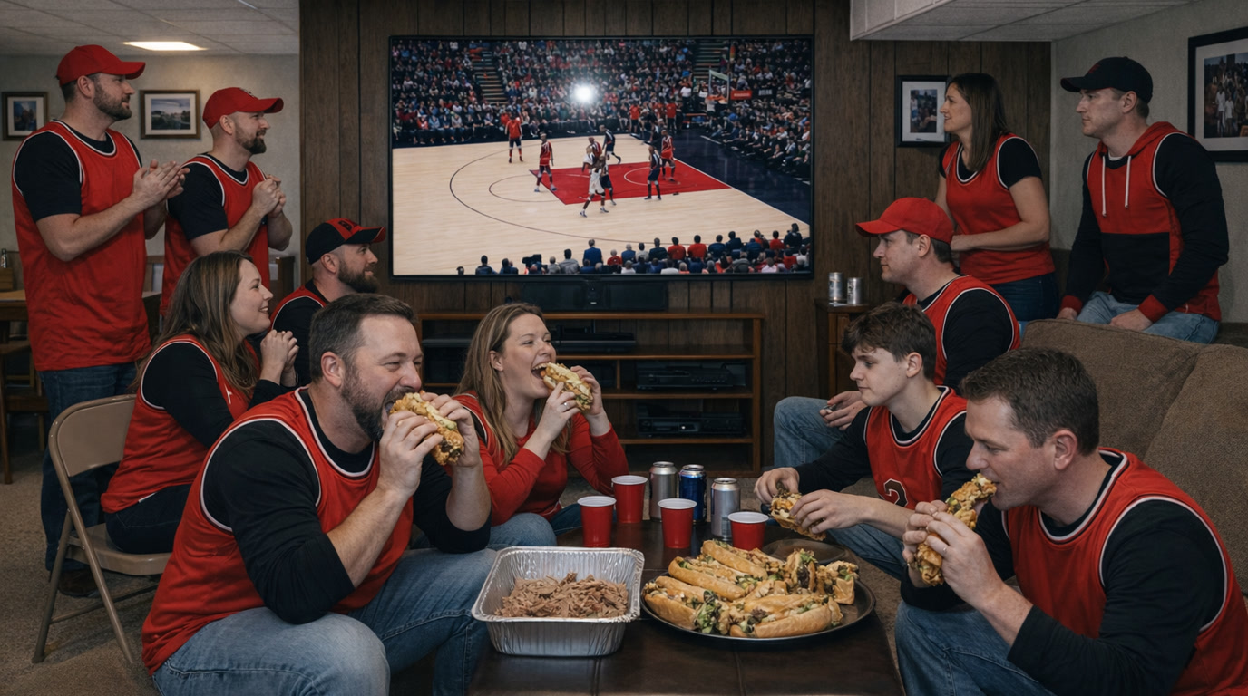 Chicago fans eating Italian beef sandwiches during a basketball game