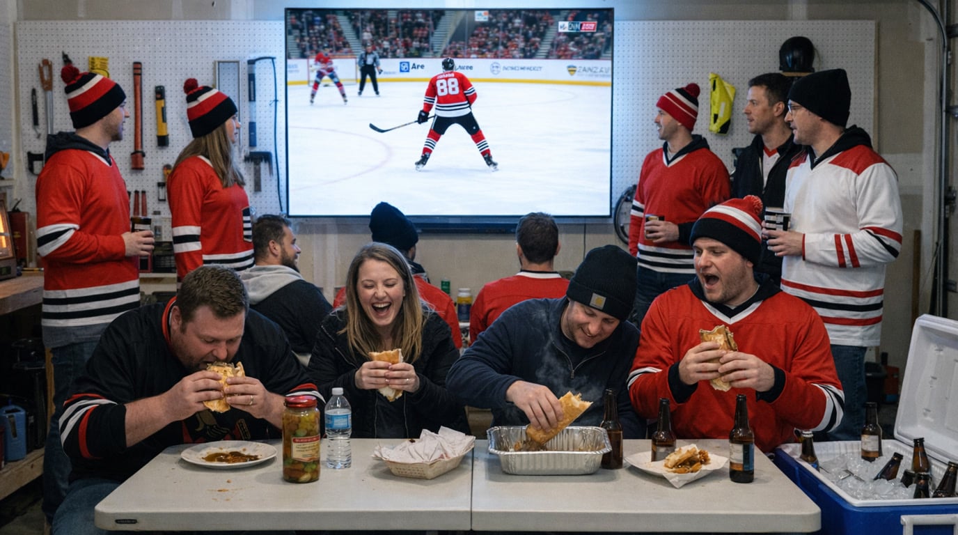 Chicago fans eating Italian beef sandwiches in a garage during a hockey game